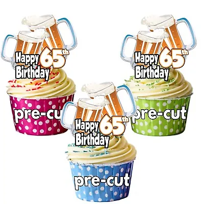 65th Birthday Beer Pint Glass  Precut Edible Cupcake Toppers Cake Decorations • £3.75