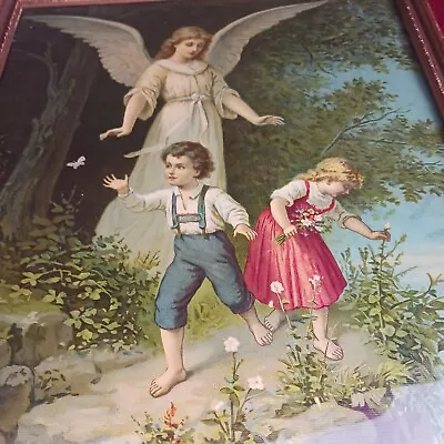 Vtg Guardian Angel W/ Children On Cliff Ledge Vintage Litho Original Frame Vg • $49