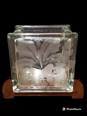 Vintage Etched Hibiscus Glass Block Vase With Wood Base Frank Oda? From Hawaii • $99.99