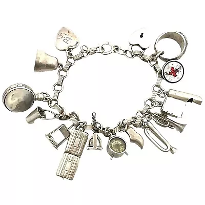 Vintage Estate Sterling Silver & Enamel Charm Bracelet! Nurse Horn Heart! 174 • $59.99