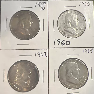 Franklin Half Dollar 1957 D 1960 1962 1963 Lot Of 4 Coins. Lot # 08 • $48