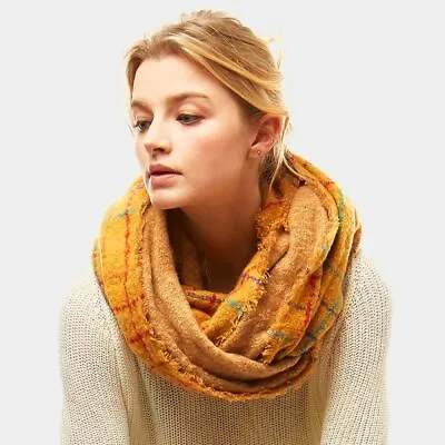 NEW Mustard Yellow & Rainbow Windowpane Infinity Fringe Edge Boho Shabby Scarf • $17.95