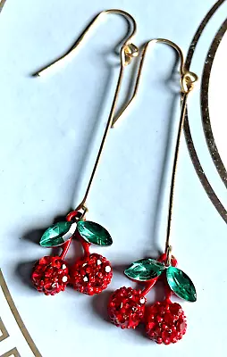 Stunning Red Rhinestone Cherry Fruit Hook Dangle Petite Earrings #KNC7 • $8.50