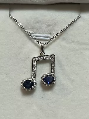 925 Sterling Silver Blue Sapphire  Note Symbol Musical Pendant Necklace • $39.99