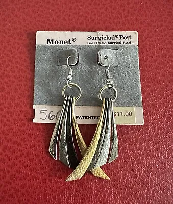 Vintage Signed Monet Hammered TriTone Dangle Earrings On Original Card • $7.48