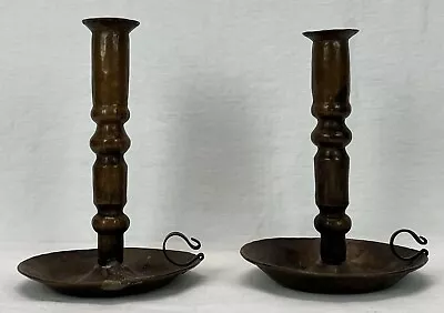 Pair Antique Arts & Crafts Mission Roycroft Era Hammered Copper Candle Holders • $85