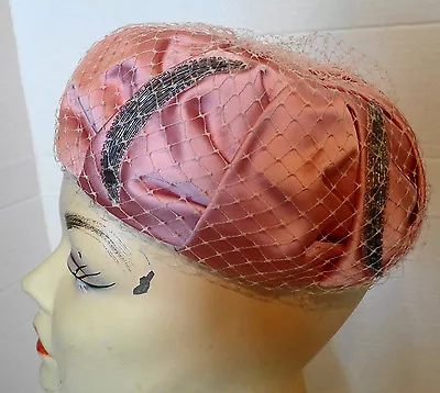 Vintage Pink Satin Beaded Hat With Veil Sears Millinery • $25.99