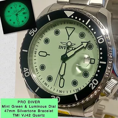 Mint Green & Luminous Dial PRO DIVER 46mm Slvrtn Bracelet Qtz Invicta Mens Watch • $199