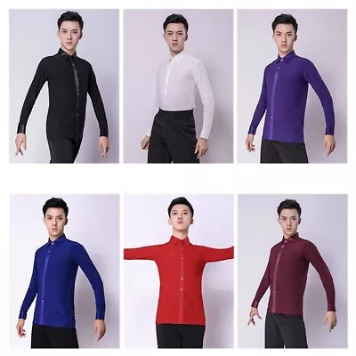 Men Latin Dance Shirt Top Ballroom Modern Salsa Samba Stretch Long Sleeve • £39.95