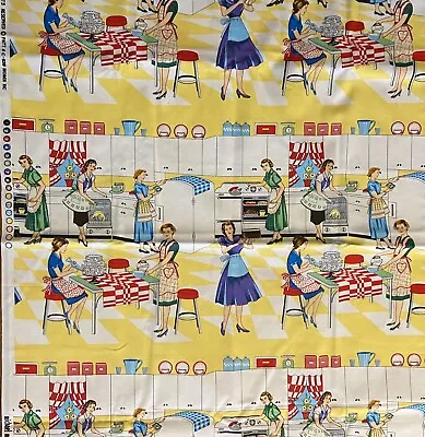 New Michael Miller Fabric Home Ec 2.05 Yards Retro Ladies 50s Kitchen Yellow Red • $14.99