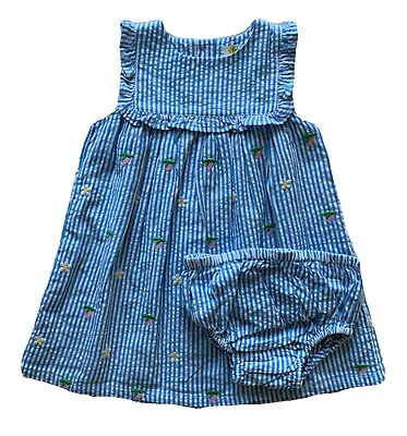 MINI BODEN Baby Girl Dress Embroidered Woven Pinnie Stripe Flowers NWT 12-18 M • $39.99