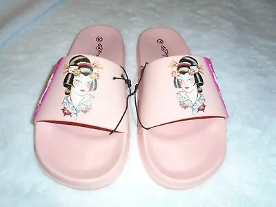 New Ed Hardy Electra Geisha Pink Rubber Slides Flip Flops Sandals Shoes Size 10 • $114.99
