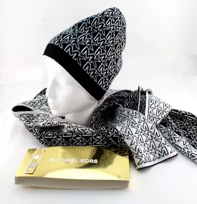 NWT MICHAEL KORS Black / White Diamond MK Logo 2 Piece Hat & Scarf Set MSRP $88 • $37.99