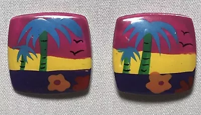 Vintage Painted Earrings Bold Bright Square Palm Tree Island Stud 80's 90's • $4