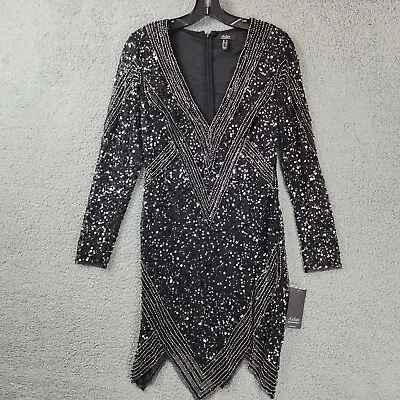 Aidan Mattox Embellished V-Neck Cocktail Dress Women's 2 Black/Silver Longsleeve • $91.73