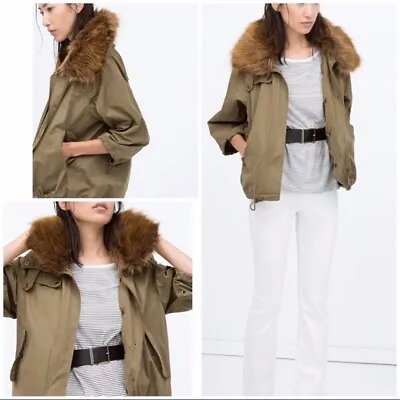 Zara Woman Utility Parka With Faux Fur Collar Olive Green Medium • $19.99