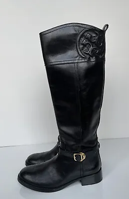 Tory Burch Women's Leather 17.5 In Zip-up Logo Boots Size 6 M 129 D14 Black • $86