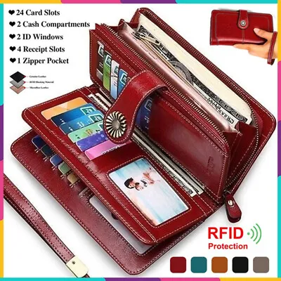 £11.39 • Buy RFID Women's Large Capacity Zipper Genuine Leather Long Wallet Casual Coin Purse