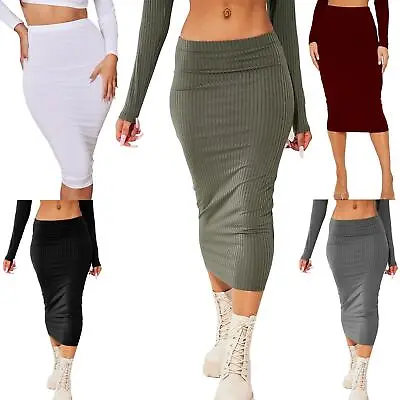 £5.99 • Buy Womens Ladies Ribbed Bandage Elasticated Waist Stretch Bodycon Office Midi Skirt
