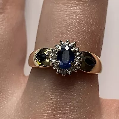 Diamond & Sapphire Halo With Sapphire Accents Ring 9ct 9k Yellow Gold - Size O • £140