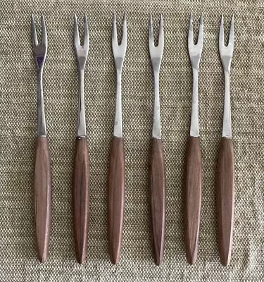 6 Vintage MCM Rostfrei Fondue Forks Skewers Teak Wood Handles Set Germany • $12.99