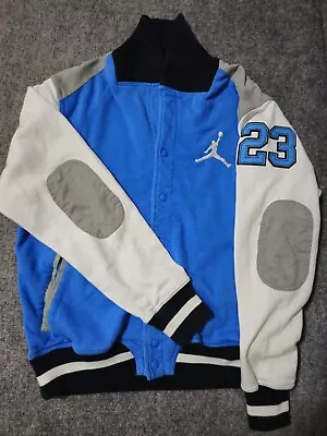 Air Jordan Snap Button Varsity Fleece Jacket Elbow Patches Grey White Blue Sz L • $60