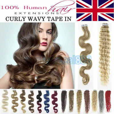 £33 • Buy 18'' 8A Tape In 100% Remy Human Hair Extensions Curly Wavy 20pcs Skin Weft  UK 