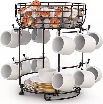 Mug Tree Cup Holder With Storage Basket Coffee Mug Holder 12 Hooks Kitchen Stand • £18.30
