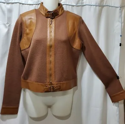 Vakko Lambs Leather And Wool Brown Zipper Up Sweater Jacket Medium  • $50