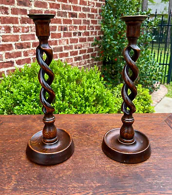 Antique English Open Barley Twist Candlesticks Candle Holders Oak PAIR 12.5  T • $459