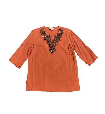 MICHAEL KORS Linen Embellished Sequin Boho Tunic Top Women Small 3/4 Sleeve • $11.50