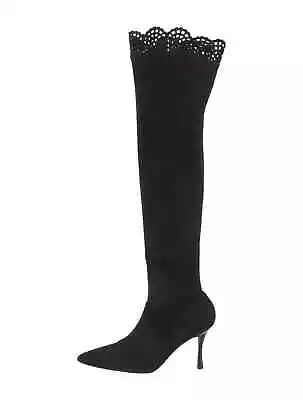 MANOLO BLAHNIK Pafatolo 90 Black STRETCH SUEDE  Boots SHOE Size 38 • $399