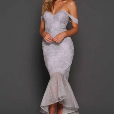 ELLE ZEITOUNE Danita Dress Sz 8 Blue Grey Lace Overlay Mermaid Prom Formal Party • $79