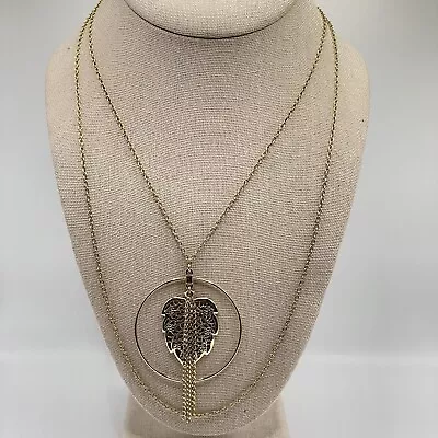 Cookie Lee Pendant Necklace Gold Tone Leaf Round 2 Strand Jewelry 16-18  Signed • $4.98