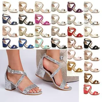 Ladies Mid High Heels Strappy Wedding Bridal Party Evening Sandals Comfy Shoes • £17.99