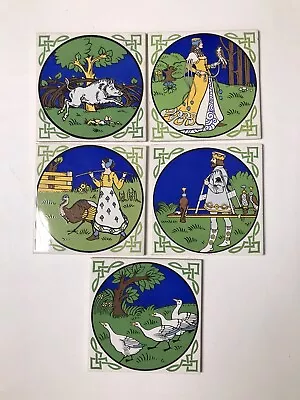 Set Of 5 Medieval Scenes Tiles Boar Goose Falcon King Maiden 6 Inches  • £43.39