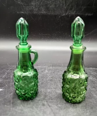 Vintage Green Cut Glass Oil And Vinegar Cruet Bottle Set W/ Stoppers 5.25  • $15.19