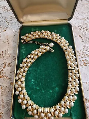 Vintage CROWN TRIFARI Faux Pearls & Gold Leaf Necklace Collar High Quality Rare • $299