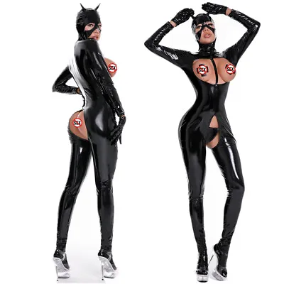 Women Open Crotch Jumpsuit PVC Leather Topless Bodysuit Sexy Erotic Outfit • £32.39