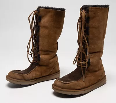 Womens UGG Australia Whitley Lace Up Brown Suede/Sheepskin Moccasin Boots Size 7 • $48