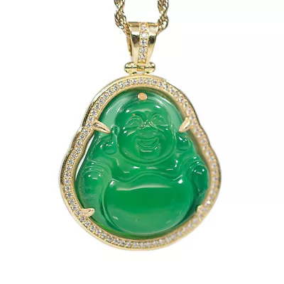 Mens 14k Gold Plated Iced Green Jade Cz Buddha Bling Pendant Necklace • $23.44