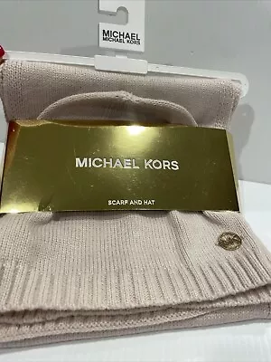 $88 New MICHAEL KORS RIB SCARF HAT BELLYBAND DEEP PALE PINK Color GIFT SET • $39