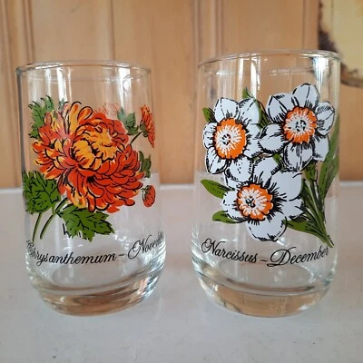$22 • Buy 2 Vintage Flower Of The Month Beverage Glasses December, November