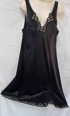 Vtg 80s Van Raalte Slip Dress  Black Nylon Lace Slit SZ 18  Up To 38 USA  MADE • $10