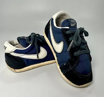 Vtg 1980s Nike Tennis Shoes Tyro Nylon Suede Navy Kids Toddler Sz 6 1985 • $71.33