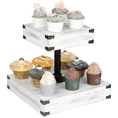 £31.12 • Buy 2 Tier Rustic Whitewashed Wooden Cupcake Stand, Square Wood Tiered Dessert Stand