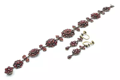Antique Victorian Bohemian Garnet Gilt Rose Cut Bracelet Earrings Set • $399