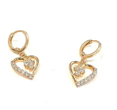 Pretty Crystals Heart 14k Gold Filled 11mm Huggie Mini Hoop Dangle Drop Earrings • $5.35