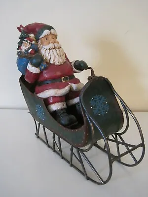 Vintage Metal Sleigh Resin SANTA CLAUS Figurine Christmas Decoration 10  X 9  H • $19.75