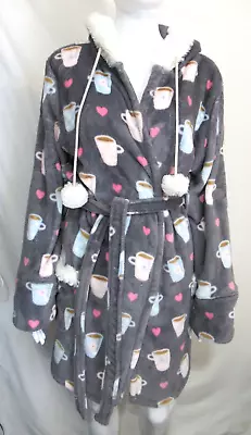 P.J. Salvage Gray Plush Coffee Cups & Hearts Design Robe Size Medium • $24.99